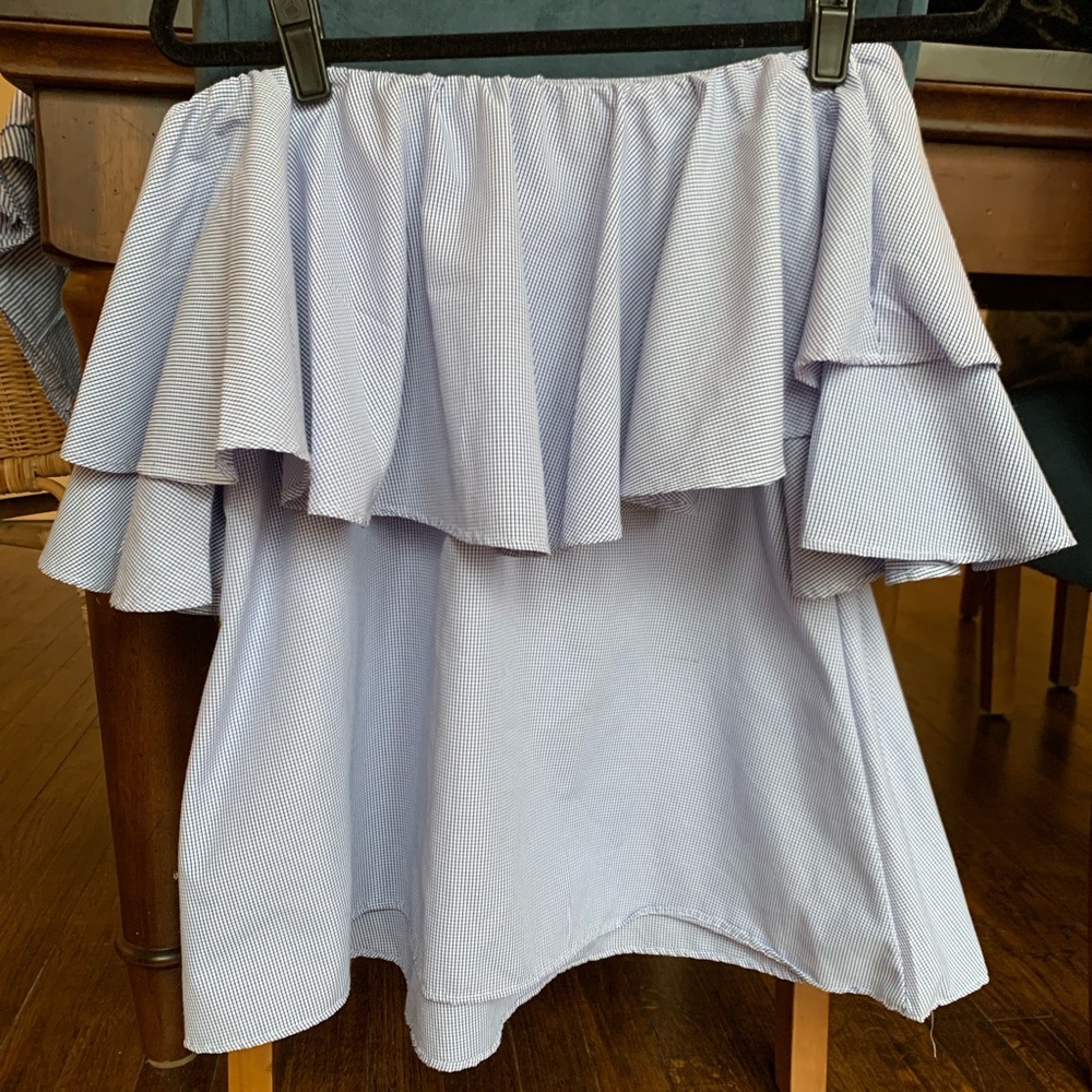Blue and white off the should ruffle top
